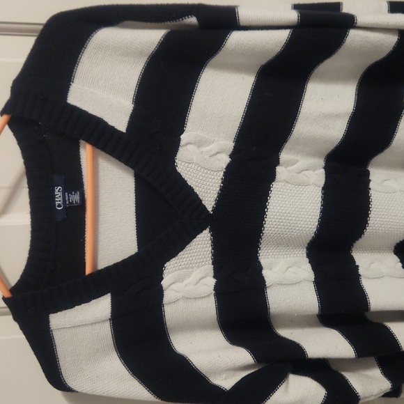 CHAPS Black and White Striped Women's V-Neck Sweater - Picture 2 of 6